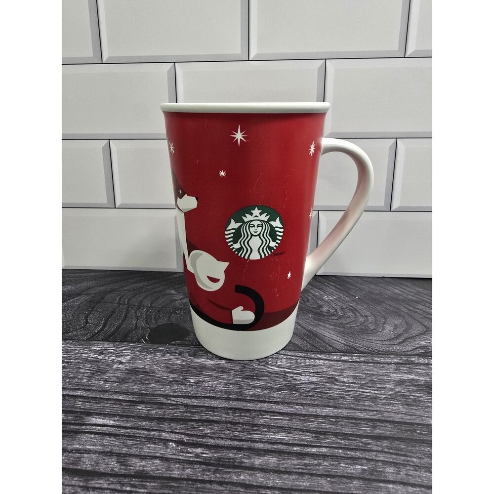 Starbucks 2011 Holiday Christmas Mug 16 oz Bone China Boy Dog Sledding Mug Cup